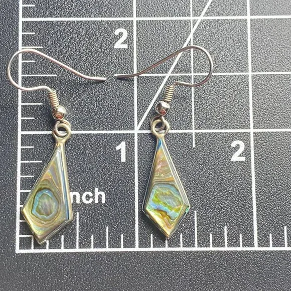 Abalone Shell Drop Earrings Geometric  Silver-Tone Dangle Boho Modern Paua - Picture 3 of 7